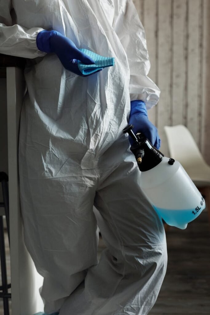 Mastering the First Impression: Your intriguing post title goes here Person in PPE suit and gloves with disinfectant and cloth cleaning indoors.
